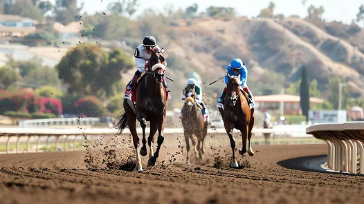 Un groupe de chevaux de course galopant à toute vitesse sur une piste en terre battue, avec des jockeys en compétition serrée lors d'une phase intense de la course.