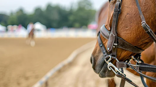 Gros plan d’un cheval de course portant une bride sur un hippodrome. L’image met en valeur l’équipement et l’atmosphère d’une piste avant ou après une course.